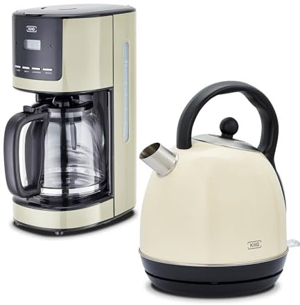 KHG Frühstücksset 2-teilig Kessel-Wasserkocher & Kaffeemaschine, Creme Beige Retro American Diner Stil, Kapazität 1,7 Liter & 12 Tassen Kaffee, 360° Sockel, Kalkfilter, Wasserstand- & LCD-Anzeige