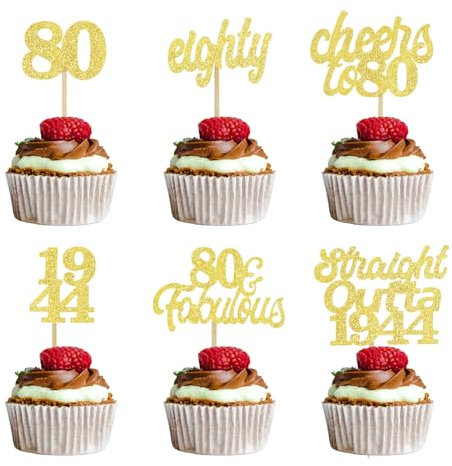 ALEGRE Tortendeko 80 Geburtstag Männer Frauen,24 Stück Cupcake Topper 80. Geburtstag,Straight Outta 1944 Torten Deko Gold,Glitzer 80 Geburtstag Deko, 80. Geburtstag Muffin Deko Party Deko Zubehör