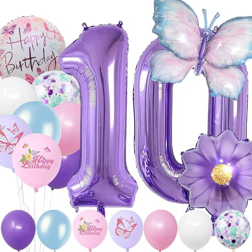 10 Jahre Set - Zahl Folienballon,22 Stück Blau Lila Geburtstagsdeko,Schmetterling Blumen Ballon,Kindergeburtstag Party Deko Zahl 10 Luftballon für Mädchen Jungen Geburtstags Festival Party Dekoration