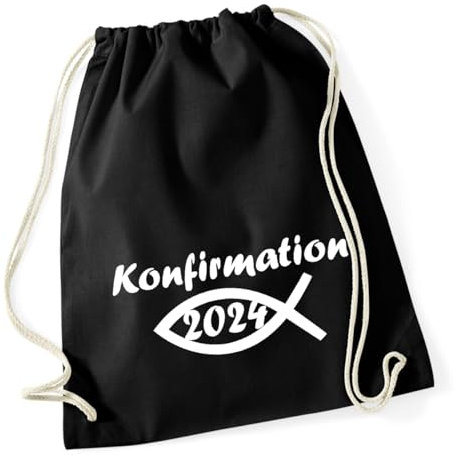 Huuraa Turnbeutel Konfirmation 2024 Fisch Geschenk Rucksack Black 12 Liter Baumwolle Konfirmation 2024 Präsent