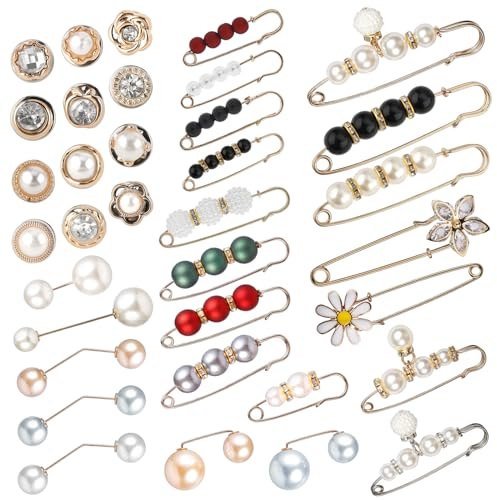 Amabro 35PCS Pearl Brooch Pins, Safety Pins for Women No Sewing Pant Waist Tightener Cover Up Buttons Sweater Shawl Hat Clip Neckline Pins Double Faux Pearl Brooches Waist Pants Extender