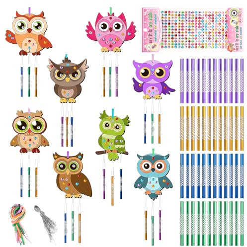 16 Kit Scacciapensieri per Bambini, 8 Diversi Stili di Campanelli Eolici con Gufo Fai da Te con Accessori, Campane a Vento Adatti per Ragazzi Ragazze Compleanni Bomboniere