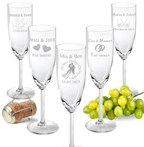 Juego de 2 Copas de Cava/Champán Personalizadas – Grabado Láser duradero, 6 Diseños Exclusivos, Ideal para Regalo de Boda, Aniversario, Cumpleaños, Navidad – Opcional con Caja de Regalo