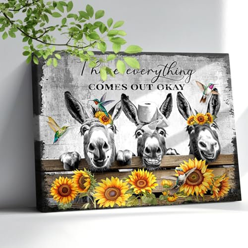 Bauernhaus-Esel-Wandkunst für Badezimmer, lustige Land-Esel-Vögel, Bilder, Leinwand, Wanddekoration, Sonnenblumen, Tierdruck, Gemälde, rustikale Bauernhof-Blume, gerahmtes Kunstwerk, Heimdekoration