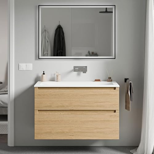 BERNSTEIN Badmöbel-Set Vireo, Waschtisch-Unterschrank mit Mineralguss-Waschbecken 80cm in Eiche honiggold - Cream - Weiß matt ohne Hahnloch - 2 Schubladen, Badmöbel, 5 Jahre Garantie