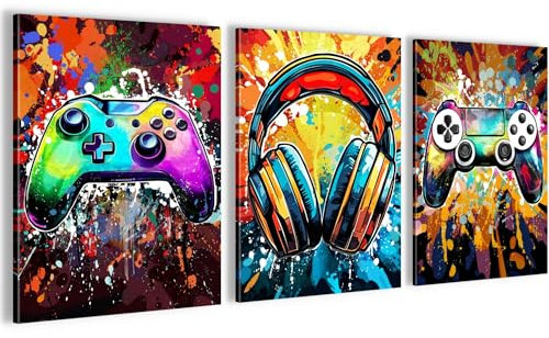 Novart Wandbilder Set Spielkonsole Gamer - KOMPLETT AUFHÄNGFERTIG - Wohnzimmer Mädchen Teenager Deko - 3 Moderne Bilder Bunt - N039435a