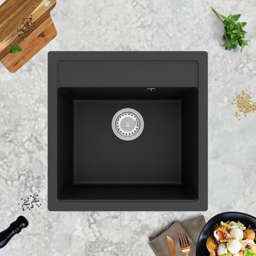 GRANMASTER Horizon Granitspüle 1 Becken mit Siphon, Spüle Arbeitsplatte Küchenspüle mit Wasserhahn, 49 x 49 x 20,3 cm Spüle aus Granit, Imprägnieren 50ml, imprägnieren 50ml, Schwarz Metallic