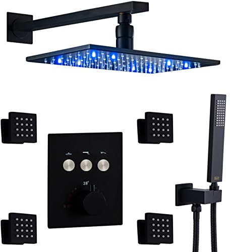 PUFAHAU Duschset mit 3 Funktionen, Mischbatterie, Duschset, LED-Regenbrausekopf, Thermostat-Duschsystem, Wandmontage, 12 x 8 Zoll, Überkopf-Regendusche, verdecktes Thermostat-Mis(Black-A)