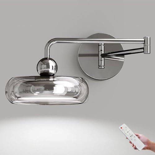 LOGT LED Innen Wandleuchte mit Schwenkarm Dimmbar Wandlampe mit Fernbedienung Modern Langer Arm Leselampe Ausziehbarer Arm Bettlampe Metall Wandlampen 12W mit Glasschirm für Schlafzimmer,Weiß
