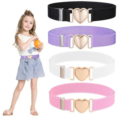 Kotkiddy 4 cinture per bambini colorate a forma di cuore per abiti, jeans, pantaloni, divise scolastiche (nero, bianco, rosa, viola)