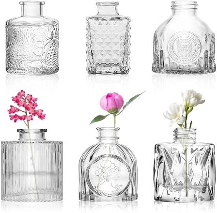 WANDGU Lot de 6 Petits vases pour décoration de Table: Ensemble de vases en Verre Vintage, Vase décoratifs en Verre, Vase à Fleurs étroit pour Maison, Mariages, Anniversaires, fêtes, Cadeaux, 8 cm