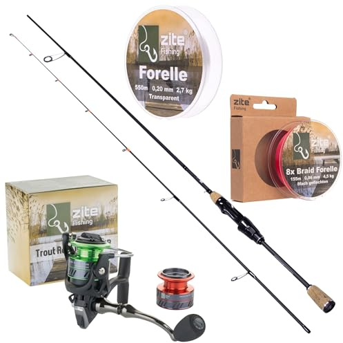 Zite Fishing UL Gummiköder Angelset | Solid Tip Forellenrute Ultra Light 0,5-3g | 1000er Spinnrolle | 0,06mm Geflochtene Schnur Forelle | Spinnruten Combo Forellensee Angeln