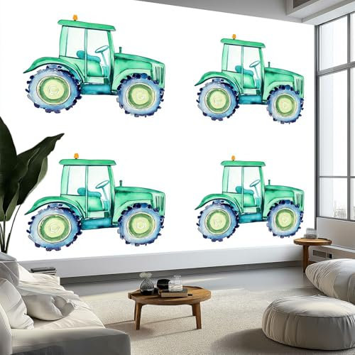 Fototapete Aquarell Traktor Motiv, Panorama Poster Tapete B200 x H140 cm, Vliestapete Wand-Dekor für Wohnzimmer Schlafzimmer Kinderzimmer Wandbilder Wanddeko, Grün