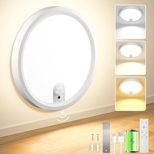 Akku Deckenlampe mit Bewegungsmelder und Magnet,Kabellos LED Deckenleuchte | Wiederaufladbare Deckenleuchte, Aufladbare Lampe Dimmbar,3modi–Strom- und Bohrerfrei Montierbar für Garage,Keller,Flur&Treppe