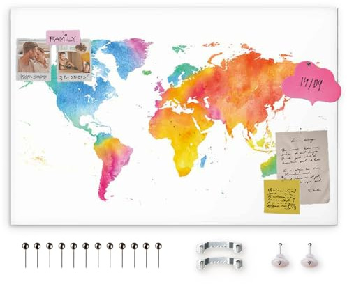 decomonkey Pinnwand Weltkarte zum Pinnen, 120x80 cm, farbige Karte weiß | Leinwand, Wandbilder, Landkarte, XXL, Wanddeko, Korktafel, World Map, Groß, Komplettbilder im Holzrahmen, aufhängefertig