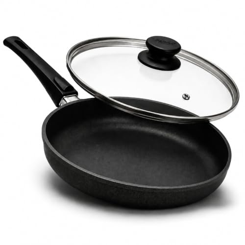 Hoffmann STONIQ Bratpfanne PFAS-frei 28 cm Induktionspfanne Aluminium Handguss Made in Germany | Antihaftbeschichtung mineralisch | abnehmbarer Stiel | backofengeeignet (Mit Glasdeckel, 28 cm)