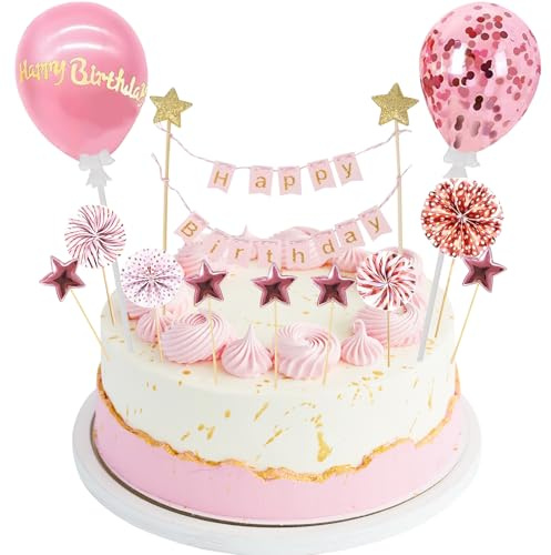 Happy Birthday Kuchendeko, 12 Stück Geburtstag Tortendeko Rosegold, Glitter Cake Topper, Sterne Papierfächer Cupcake, für Babyparty, Geburtstag Junge und Mädchen
