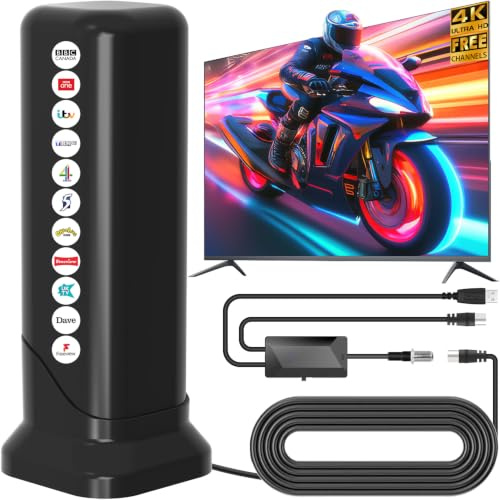 Indoor TV Aerial for Smart TV with Signal Booster - 680+ Miles Long Range Reception, Freeview Digital Aerials for Local Channels, Supports 4K 1080P HD for All TVs, Magnetic Base & 4m Cable