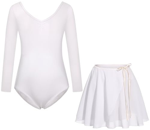 FONLAM Mädchen Ballettkleid Balletttrikot Langarm Tanzkleid Tanzbody Ballettrock Chiffon Tutu Kinder Ballettanzug Baumwolle (7-8 Jahre, Weiß)