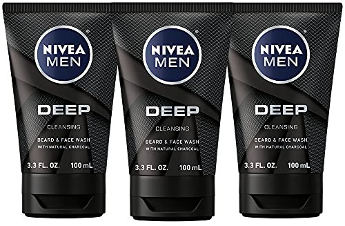 NIVEA Men DEEP Cleansing Beard & Face Wash - With Natural Charcoal to Deeply Clean - 3.3 fl. oz. Tube (Pack of 3)