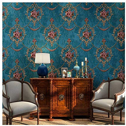 JLWM Carta Da Parati Barocco Americano 3D Sollievo Tnt Tessuto Non Tessuto Pastorale Stile Europeo Lusso Vintage-blu-0.53x10m