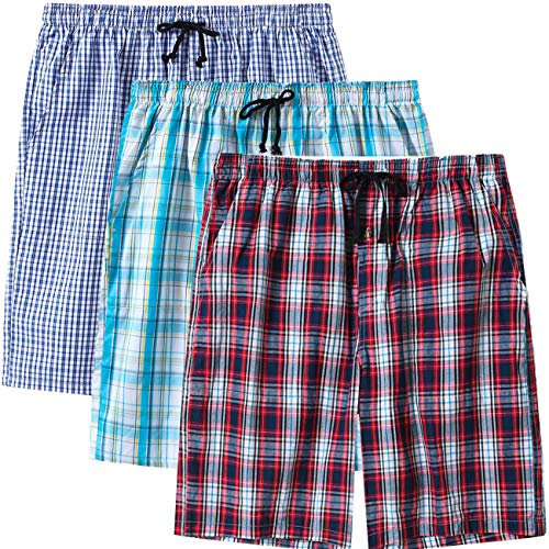 MoFiz Homme Bas de Pyjama Coton Shorts de Salon à Carreaux Léger Vêtements de Nuit Pantalons Courts avec Poches 3 Pack-F, XL