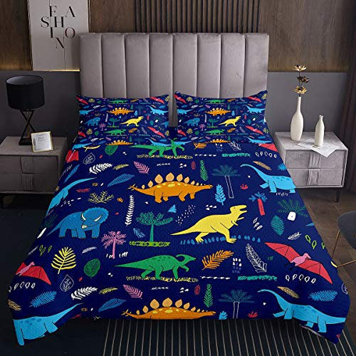 Homemissing Dinosaurier Tagesdecke 220x240cm Niedlich Dino Steppdecke Karikatur Dschungeltiere Muster Bettüberwurf Zweige Tierwelt Wohndecke Mit 2 Kissenbezug 3St