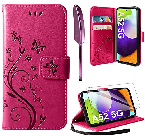 AROYI Lederhülle Kompatibel mit Samsung Galaxy A52 5G/4G/A52S 5G Hülle und Schutzfolie, Flip Wallet Handyhülle PU Leder Tasche Case Schutzhülle Kompatibel mit Samsung Galaxy A52 5G Rosenrot