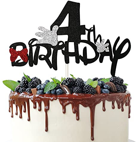 4th Birthday Cake Topper for Cartoon Mouse Theme Birthday Party Decorations, 4 Years Old Birthday Cake Decor Supplies, Bows and White Gloves Sign (Black Glitter)