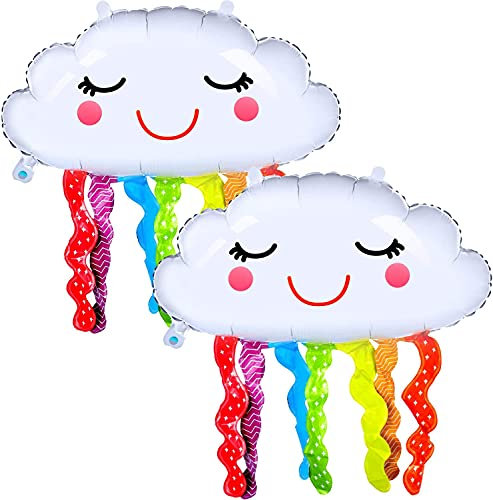 ANCLLO 2 x Regenbogen-Folienballons in Wolkenform, Regenbogenwolkenballons, lächelndes Gesicht, Quastenballons für Geburtstagsparty, Party-Dekorationen