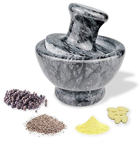 LUOLAO Juego de mortero y mortero de mármol, trituradora de píldoras y molinillo de piedra de especias, 3.7 pulgadas, 1/2 taza, molienda eficiente y ahorra mano de obra (negro)