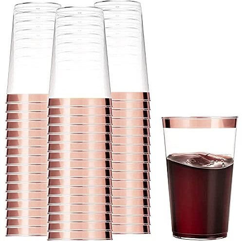50 Pcs Rose Gold Plastic Cups,URMAGIC 350ml Silver Plastic Cups,Clear Large Capacity Plastic Tumblers with Silver/Rose Gold Rim,Disposable Wedding Cups,Party Decoration Cups