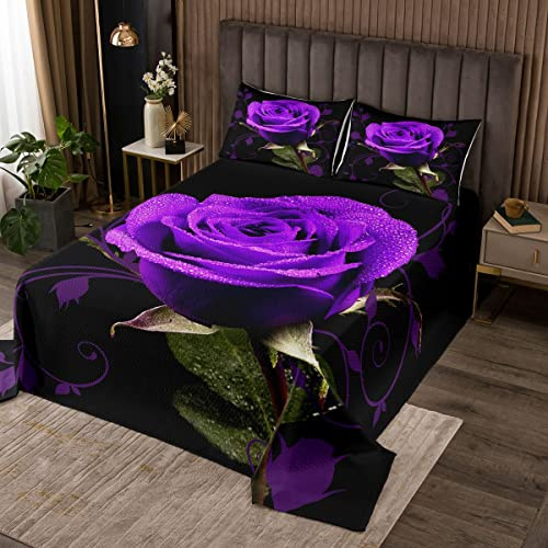 feelingyou Lila Blumen 3 Stück 240x260cm Tagesdecke, Romantisches exotisches Rosen-Blumen-Quilt-Set für Kinder Erwachsene Geschenk, Naturgrüne Pflanzenblätter Dekorative Gesteppte mit 2 Kissenhüllen