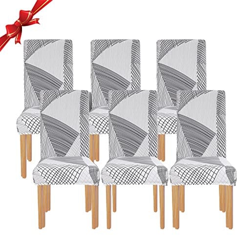 Jaotto Stuhlhussen 6 Stück Universal, Stuhlhusse Stretch 6er Set Moderne, Stuhlhussen Schwingstühle Elastische Langlebig Stuhlhussen für Esszimmer Bankett Deko(Weiße Linie,6 Stück)