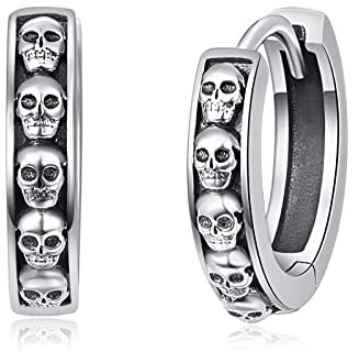 TANGPOET Creolen Ohrring 925 Sterling Silber Totenkopf Schläfer Ohrringe Kleine Scharnier Huggie Hoop Earrings Unisex Schwarz Schmuck Halloween Geschenke für Frauen Männer