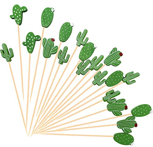 Beupy 200 palillos de cóctel para bebidas, de madera, con forma de cactus, decoración de tartas, mini palillos de aperitivos de 4.7 pulgadas, palillos de aperitivos para decoración de tartas de fiesta