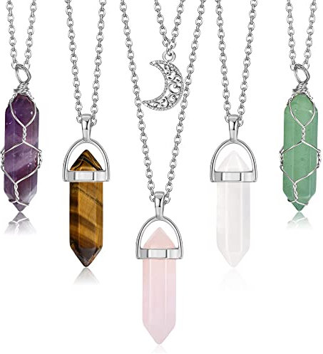 JeryWe 5pcs Crystal Pendant Necklace Spiritual Natural Healing Stone Amethyst Rose Quartz Gemstone Necklace Crystal Jewelry for Women