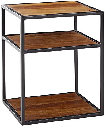 Nachttisch Sheesham Massivholz/Metall 40x50x35 cm Beistelltisch Hoch | Design Nachtkonsole Boxspringbett mit Ablage | Industrial Wohnzimmertisch Hoch mit Stauraum