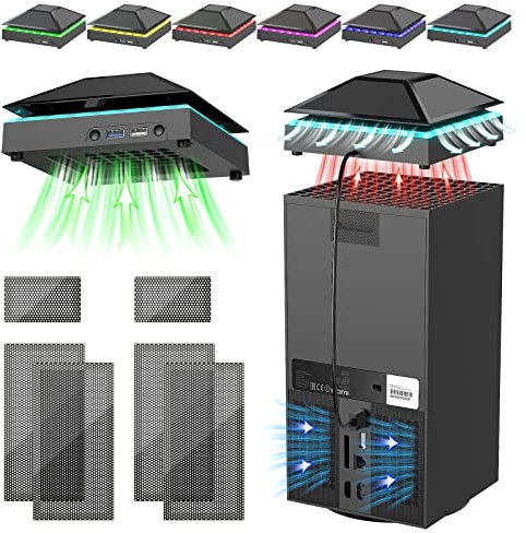 Ventilador de refrigeración RGB para consola Xbox Series X, ventilador enfriador YUANHOT con 3 engranajes de velocidad ajustable, 7 luces LED coloridas, 2 puertos USB adicionales para Xbox Series X
