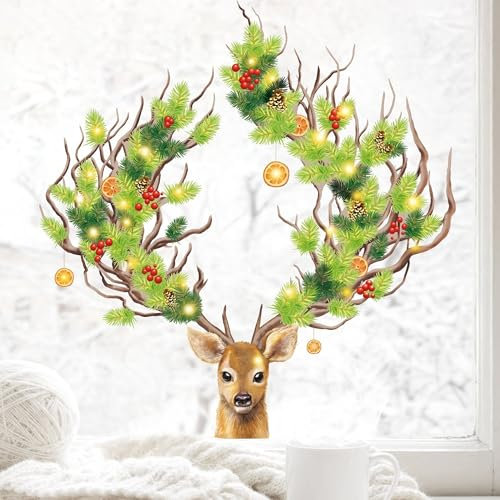 Wandtattoo Loft Fensterbilder Weihnachten Hirsch mit weihnachtlichen Geweih– Wiederverwendbar – A4 Bogen – Weihnachstdeko Fenster Kinderzimmer, Weihnachtsbilder Fenster, Fensterbild Winter