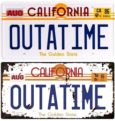 OPO 10 - Set mit 2 Metall-Nummernschild-Repliken des Delorean TIME Machine-Autos aus dem Film Zurück in die Zukunft Outatime: neu und alt / 62+73