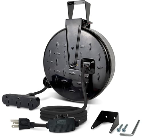 GREATIDE - Bobine de rallonge rétractable de 9,1 m, cordon d'alimentation SJTW 16/3 avec 3 prises électriques et disjoncteur de 10 A, montage au plafond ou au mur, plaque métallique, certifié UL, gris