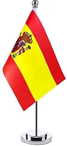HPMAISON Bandera de mesa de España Bandera de escritorio de España 21 x 14 cm Mástil y base de acero Banderas de escritorio para salas de reuniones