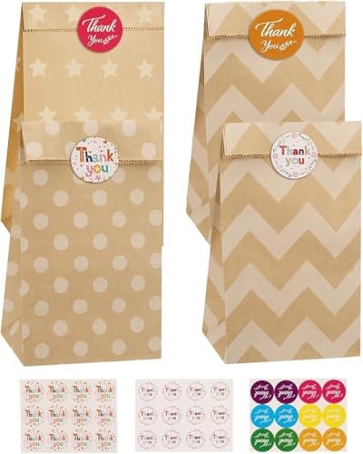 Mkitnvy Sacchetti di carta per feste, 20 sacchetti colorati di carta kraft per caramelle con 36 adesivi per confezionare regali, per Matrimoni, Natalizi Feste, Halloween, compleanno bambini (Marrone)