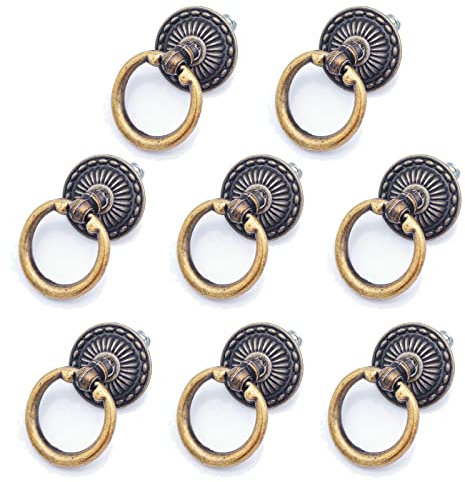 Leewoth 8 Stück antike Bronze-Knöpfe, Kreis-Schubladengriffe, Ring-Einloch-Zugring mit passenden Schrauben, geeignet für Schubladen, Kommoden, Schminkschränke, Schmuckkästchen