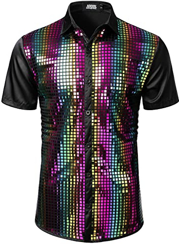 JOGAL Mens 70s Disco Costume Sequins Short Sleeve Button Up Shirts | Gold, Silver, Shiny Metallic, Theme Party, Halloween, Cosplay, Nightclub, Hip Hop, DJ, Performance