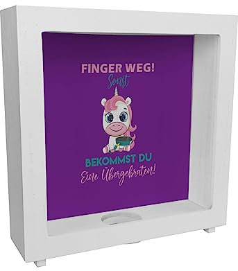 Finger Weg Einhorn Rahmen Spardose aus Holz Du bekommst eine Übergebraten in lila EIN buntes Sparschwein für Kinder zum Geburtstag Einhorn Fabelwesen Sparbüchse Fantasy lustig