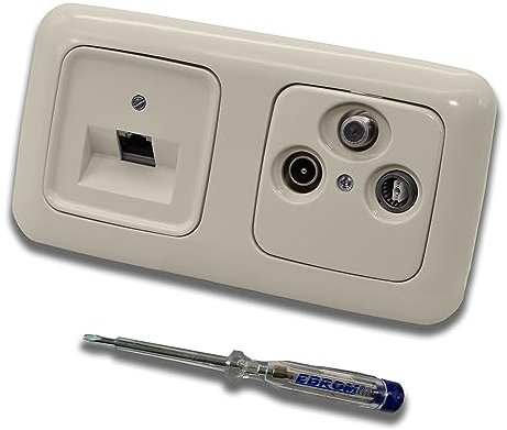 Busch Jäger, Rutenbeck Unterputz Netzwerkdose 10 Gigabit/S (10GbE) KAT6A 6A 1 x RJ45 Anschluss + WISI TV SAT RADIO 3-Loch Dose im BJ DUR2000 cremeweiß Design + EBROM Phasenprüfer z. Montage d. Geräte