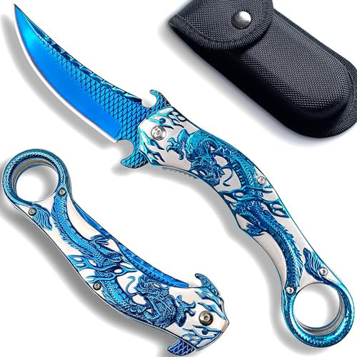 MADSMAUG blau Drache Klappmesser, 60HRC 9Cr18Mo KLINGE Klappmesser mit Scheide, coole Taschenmesser Geschenk Edc Messer für Männer im Freien Überleben Camping (blau)