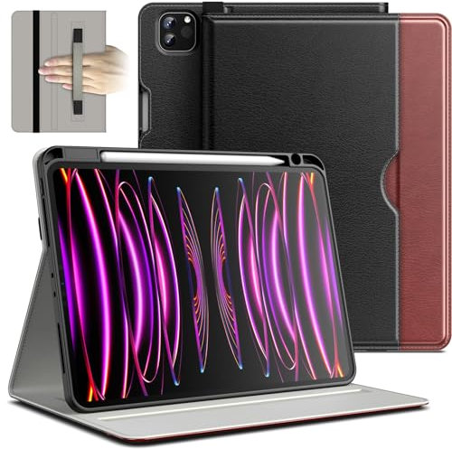 JETech Hülle für iPad Pro 11 Zoll 4/3/2 (Modell 2022/2021/2020), PU Leder Folio Schutzhülle mit Handschlaufe, Stifthalter & Tasche, Multi-Winkel Betrachtung (Schwarz+Braun)